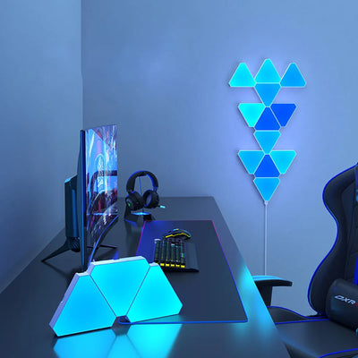 LED triangular quantum lamp with modular design and touch-sensitive controls, perfect for ambient lighting and modern home decor