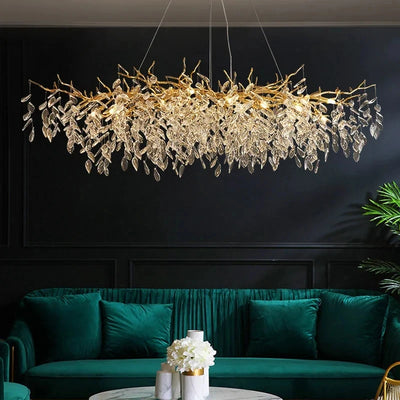 Luxury gold crystal LED chandelier with elegant design, perfect for upscale home decor, living rooms, and dining areas
