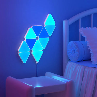 LED triangular quantum lamp with modular design and touch-sensitive controls, perfect for ambient lighting and modern home decor